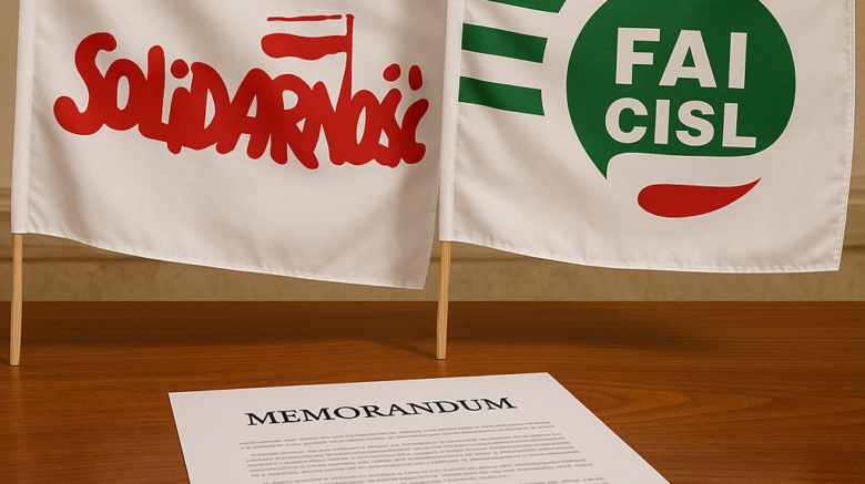 Flagi Solidarności i FAI CISL oraz dokument „Memorandum” na stole