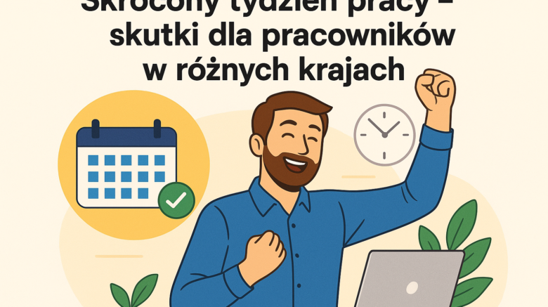 Szczęśliwy pracownik przy laptopie, unosi rękę w geście sukcesu, obok kalendarz i zegar – symbol korzyści z 4-dniowego tygodnia pracy.