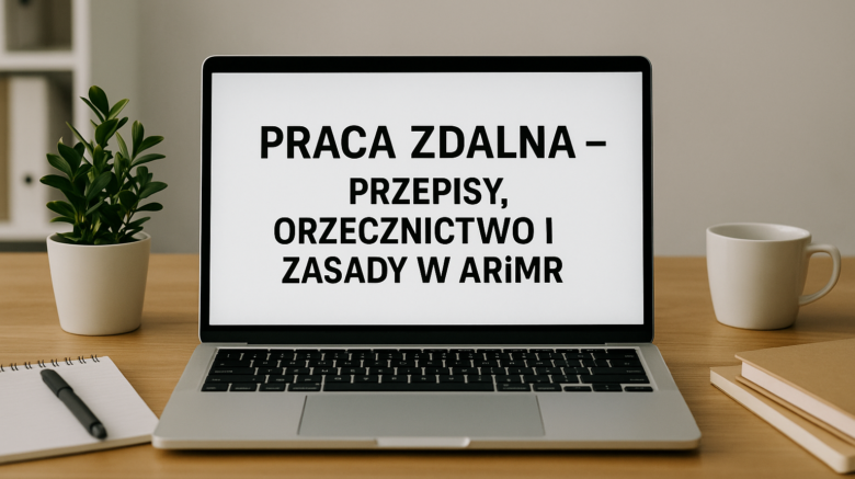 Laptop na biurku z tekstem dotyczącym pracy zdalnej w ARiMR, z elementami wyposażenia biurowego w tle.