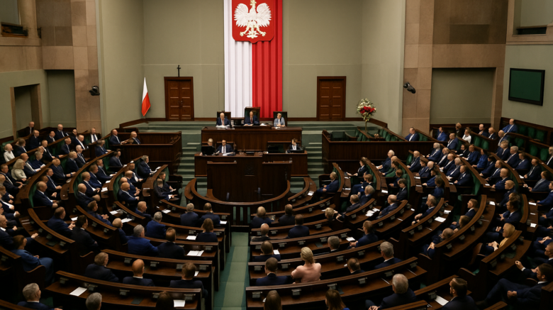 Sala obrad Sejmu RP z posłami uczestniczącymi w posiedzeniu plenarnym, widoczne prezydium i biało-czerwona flaga z godłem Polski.