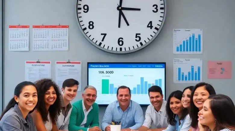 Zespół pracowników podczas spotkania w sali konferencyjnej z dużym zegarem na ścianie, wykresami i kalendarzami, analizujący wyniki biznesowe