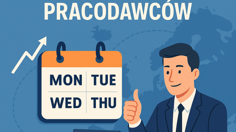 Zadowolony europejski pracodawca przy biurku na tle kalendarza pokazującego czterodniowy tydzień pracy – poniedziałek do czwartku